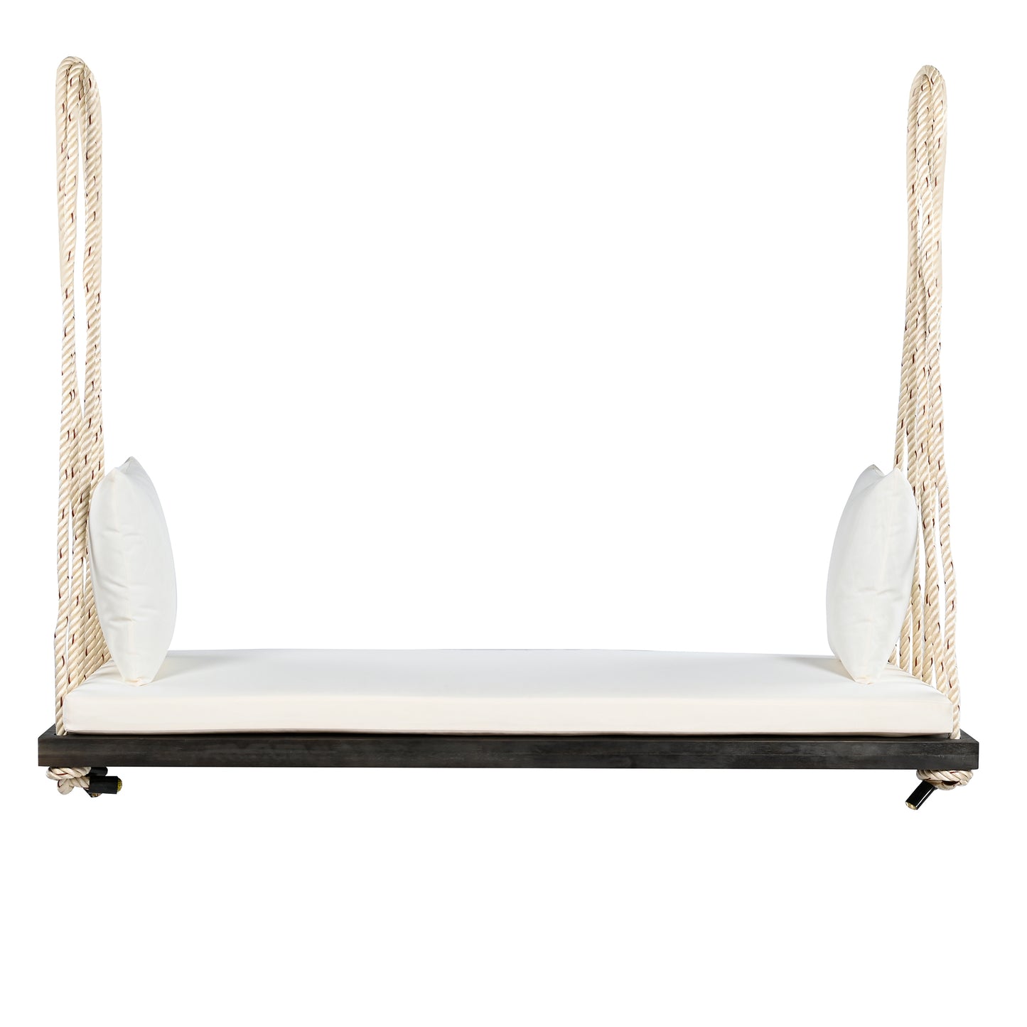 TOPMAX Patio Wooden Swing Chair, Hanging Porch Swing Bench with Cushion&Pillows, 10.8Ft Hemp Ropes for Garden,Backyard, Lawn,Brown