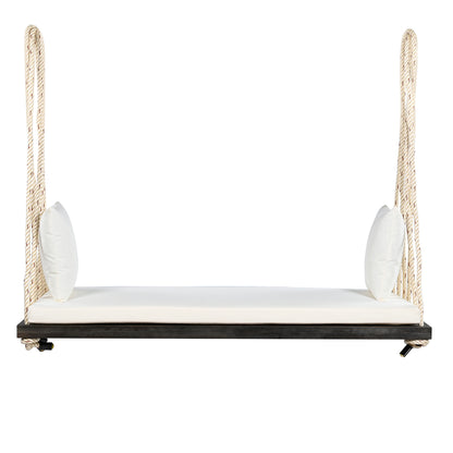 TOPMAX Patio Wooden Swing Chair, Hanging Porch Swing Bench with Cushion&Pillows, 10.8Ft Hemp Ropes for Garden,Backyard, Lawn,Brown