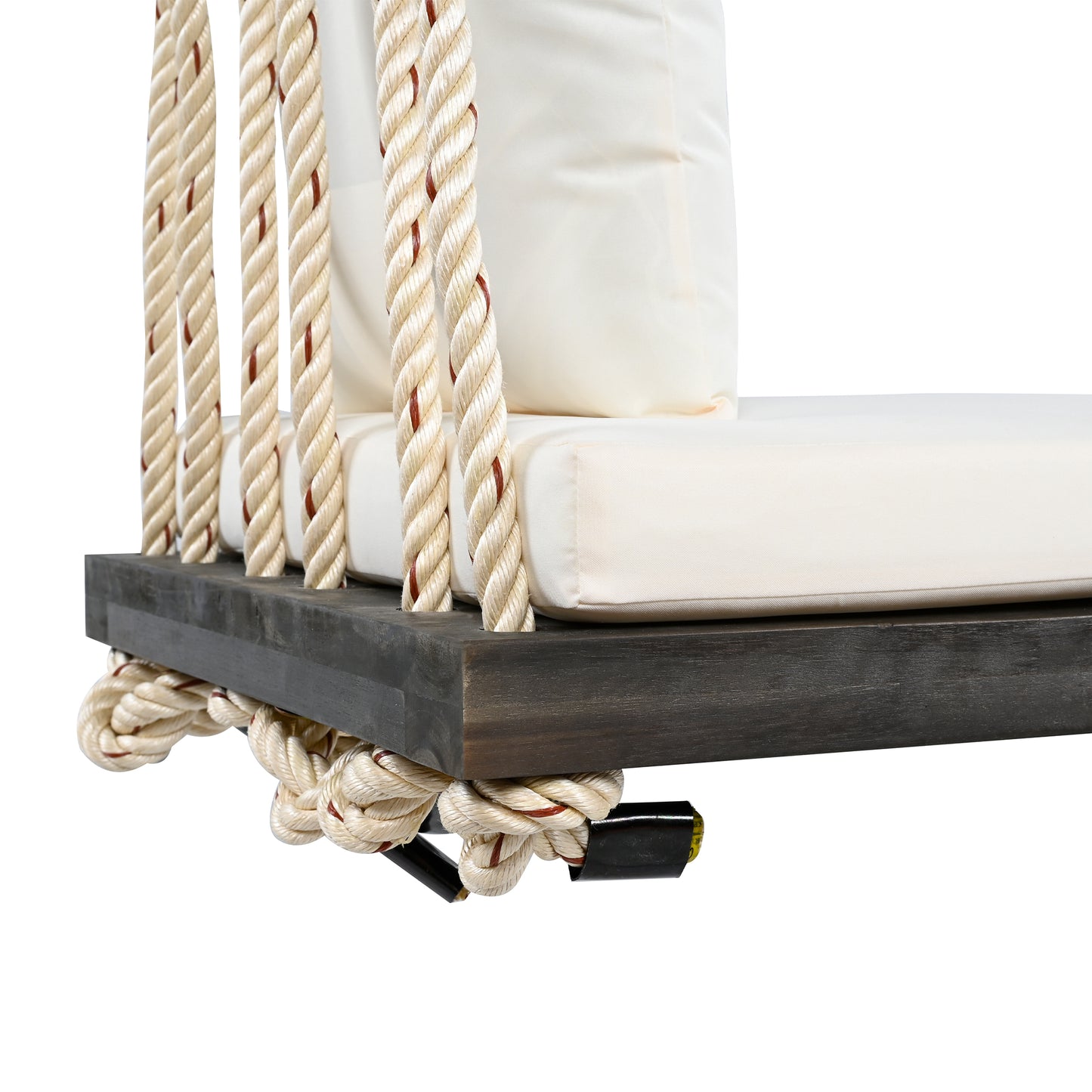 TOPMAX Patio Wooden Swing Chair, Hanging Porch Swing Bench with Cushion&Pillows, 10.8Ft Hemp Ropes for Garden,Backyard, Lawn,Brown