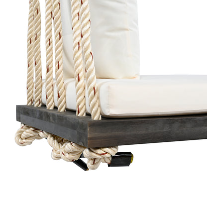 TOPMAX Patio Wooden Swing Chair, Hanging Porch Swing Bench with Cushion&Pillows, 10.8Ft Hemp Ropes for Garden,Backyard, Lawn,Brown