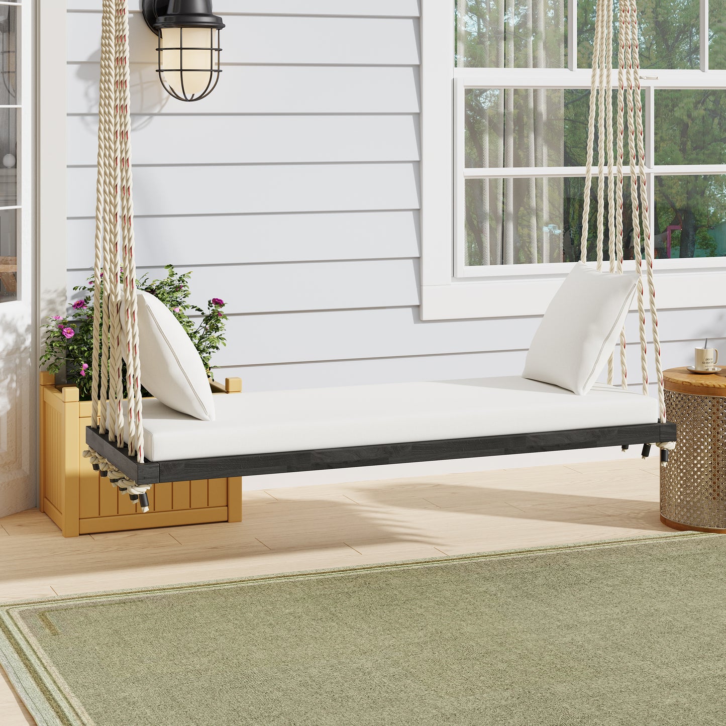 TOPMAX Patio Wooden Swing Chair, Hanging Porch Swing Bench with Cushion&Pillows, 10.8Ft Hemp Ropes for Garden,Backyard, Lawn,Brown