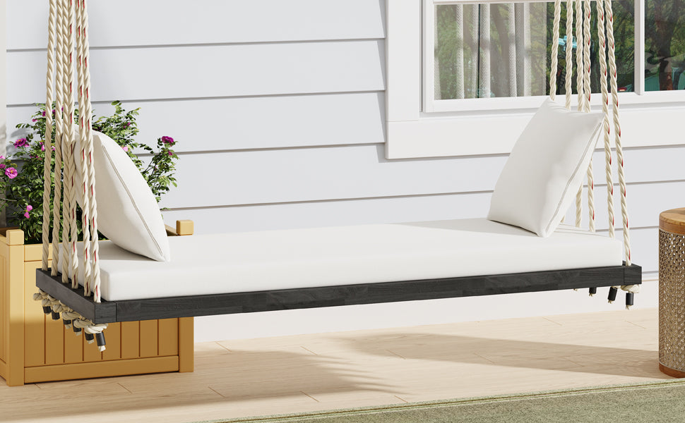 TOPMAX Patio Wooden Swing Chair, Hanging Porch Swing Bench with Cushion&Pillows, 10.8Ft Hemp Ropes for Garden,Backyard, Lawn,Brown