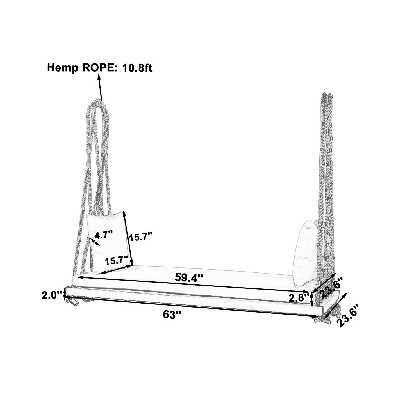 TOPMAX Patio Wooden Swing Chair, Hanging Porch Swing Bench with Cushion&Pillows, 10.8Ft Hemp Ropes for Garden,Backyard, Lawn,Brown