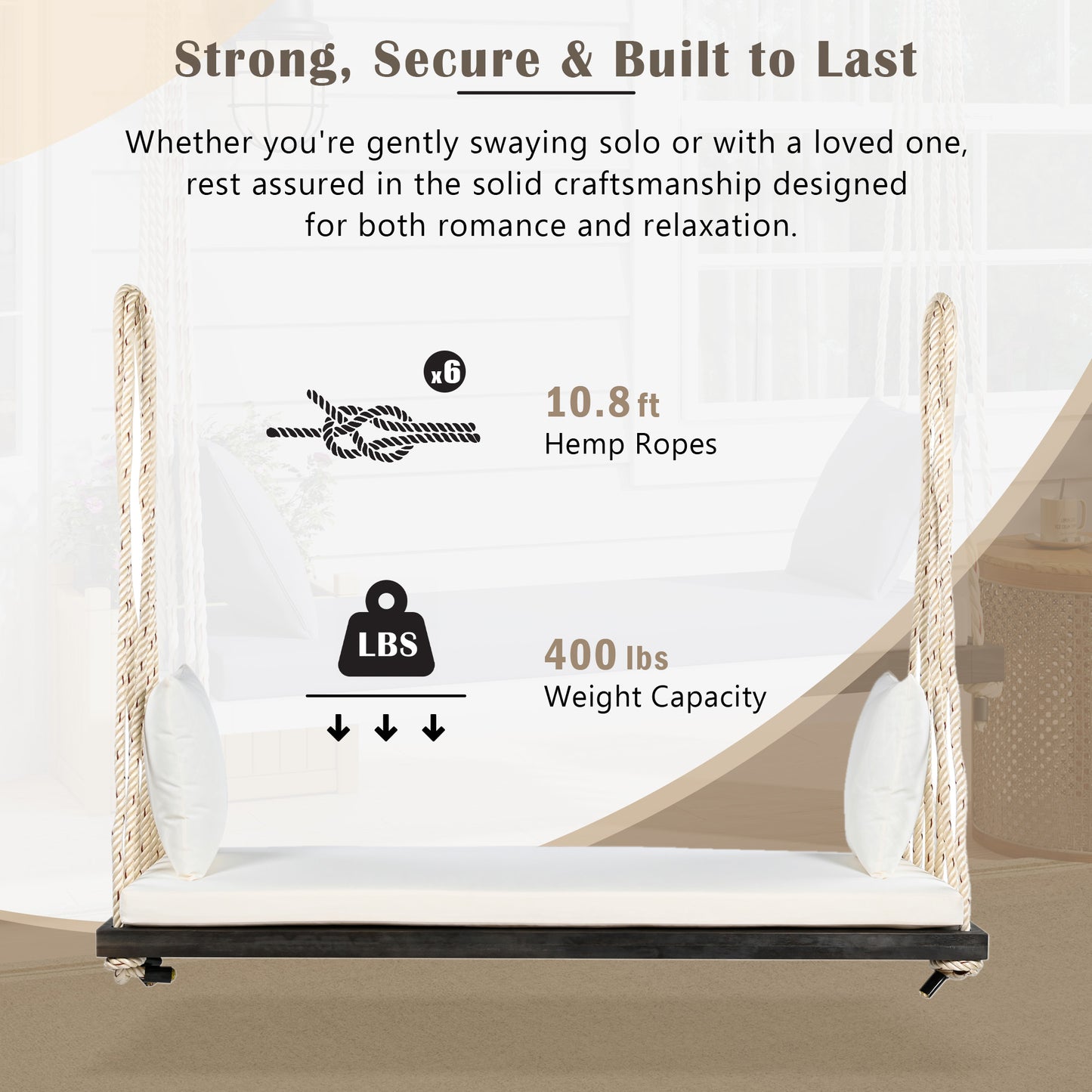 TOPMAX Patio Wooden Swing Chair, Hanging Porch Swing Bench with Cushion&Pillows, 10.8Ft Hemp Ropes for Garden,Backyard, Lawn,Brown