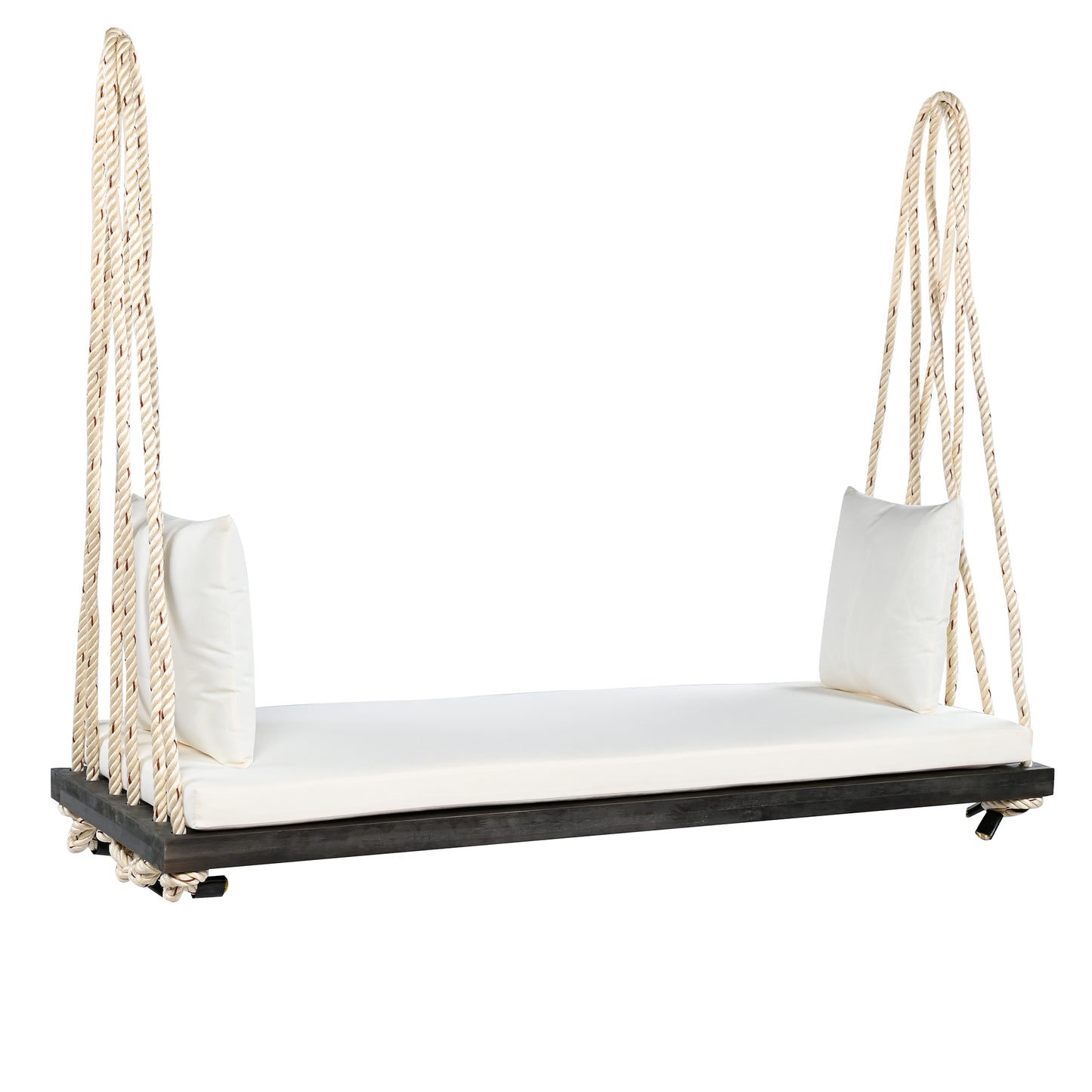 TOPMAX Patio Wooden Swing Chair, Hanging Porch Swing Bench with Cushion&Pillows, 10.8Ft Hemp Ropes for Garden,Backyard, Lawn,Brown