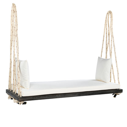 TOPMAX Patio Wooden Swing Chair, Hanging Porch Swing Bench with Cushion&Pillows, 10.8Ft Hemp Ropes for Garden,Backyard, Lawn,Brown