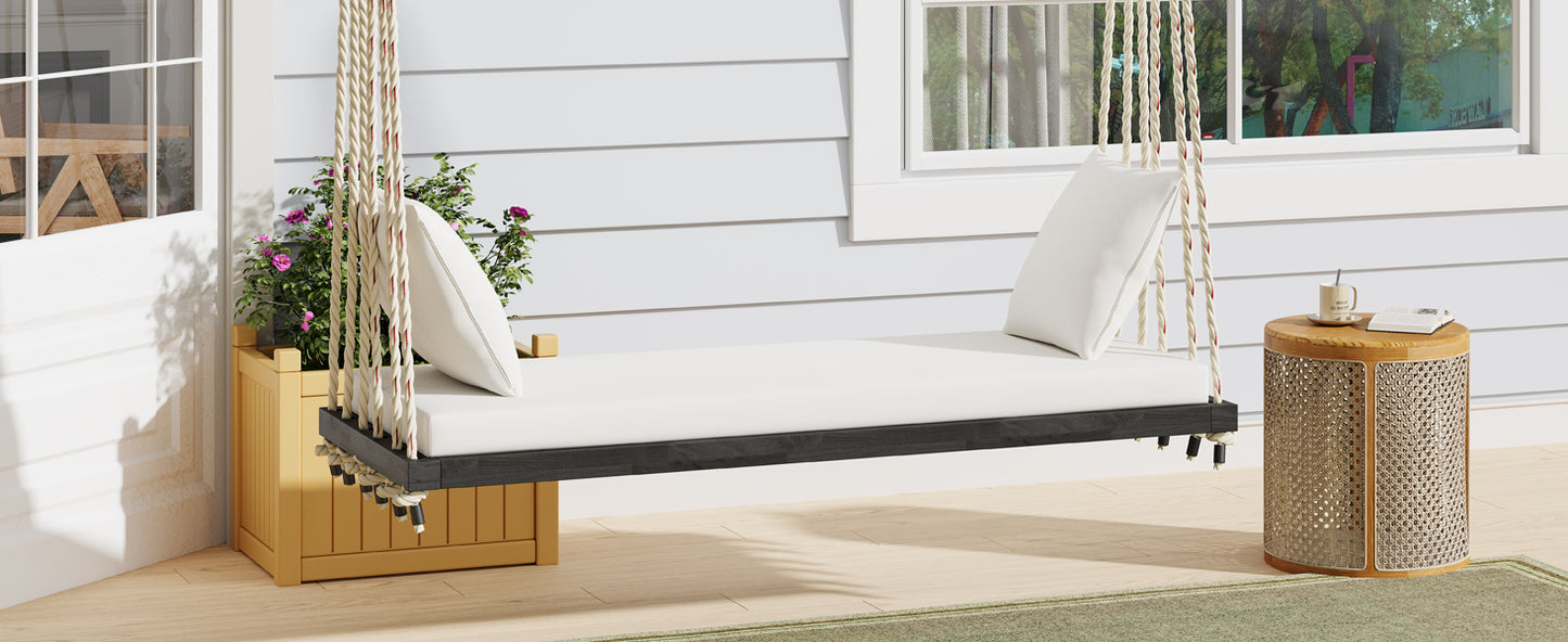 TOPMAX Patio Wooden Swing Chair, Hanging Porch Swing Bench with Cushion&Pillows, 10.8Ft Hemp Ropes for Garden,Backyard, Lawn,Brown