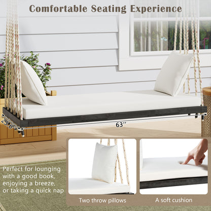 TOPMAX Patio Wooden Swing Chair, Hanging Porch Swing Bench with Cushion&Pillows, 10.8Ft Hemp Ropes for Garden,Backyard, Lawn,Brown