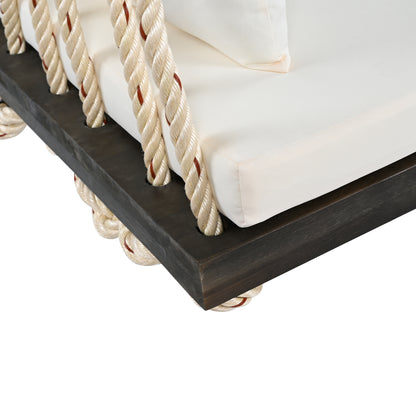 TOPMAX Patio Wooden Swing Chair, Hanging Porch Swing Bench with Cushion&Pillows, 10.8Ft Hemp Ropes for Garden,Backyard, Lawn,Brown