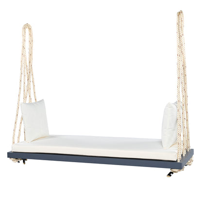 TOPMAX Patio Wooden Swing Chair, Hanging Porch Swing Bench with Cushion&Pillows, 10.8Ft Hemp Ropes for Garden,Backyard, Lawn,Gray