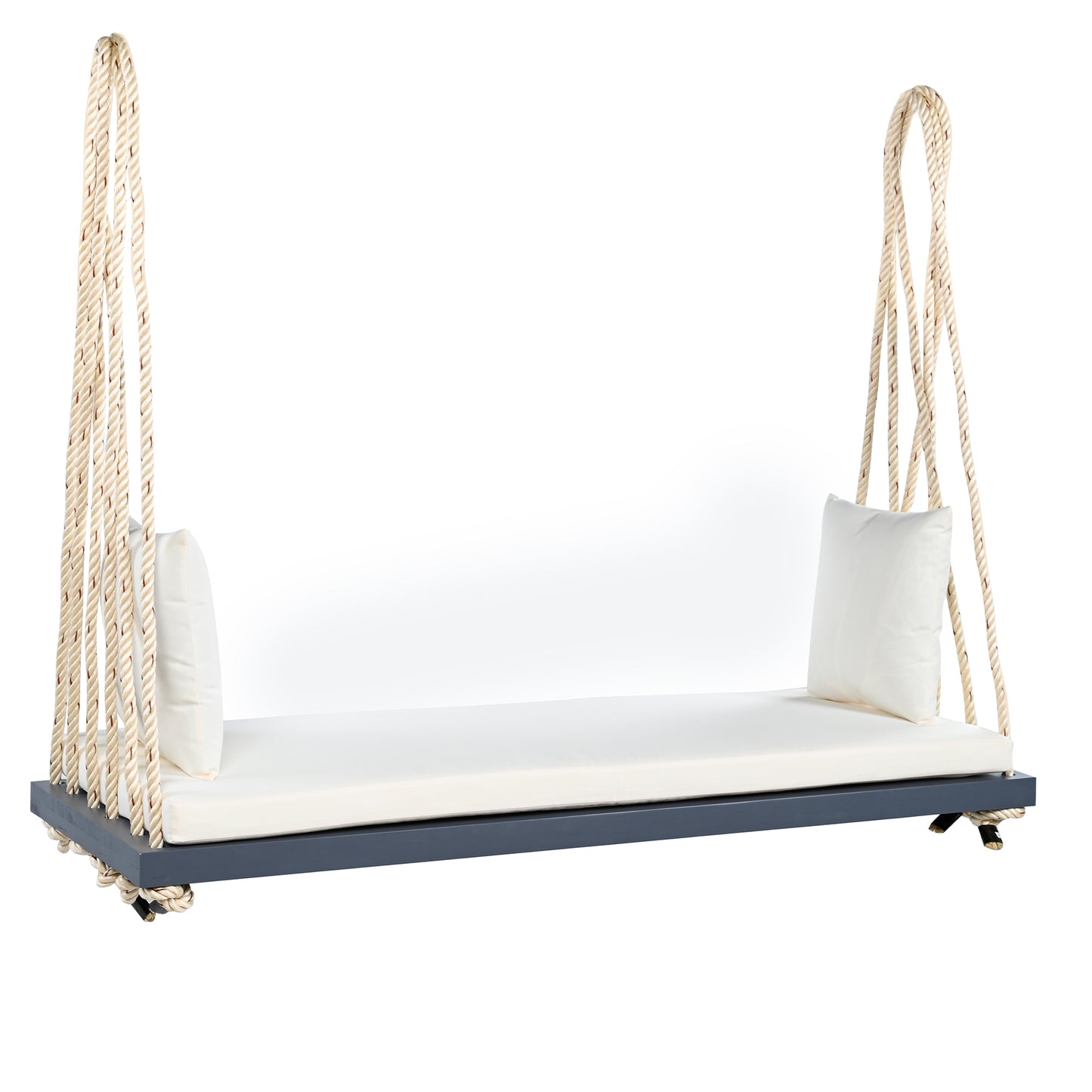 TOPMAX Patio Wooden Swing Chair, Hanging Porch Swing Bench with Cushion&Pillows, 10.8Ft Hemp Ropes for Garden,Backyard, Lawn,Gray