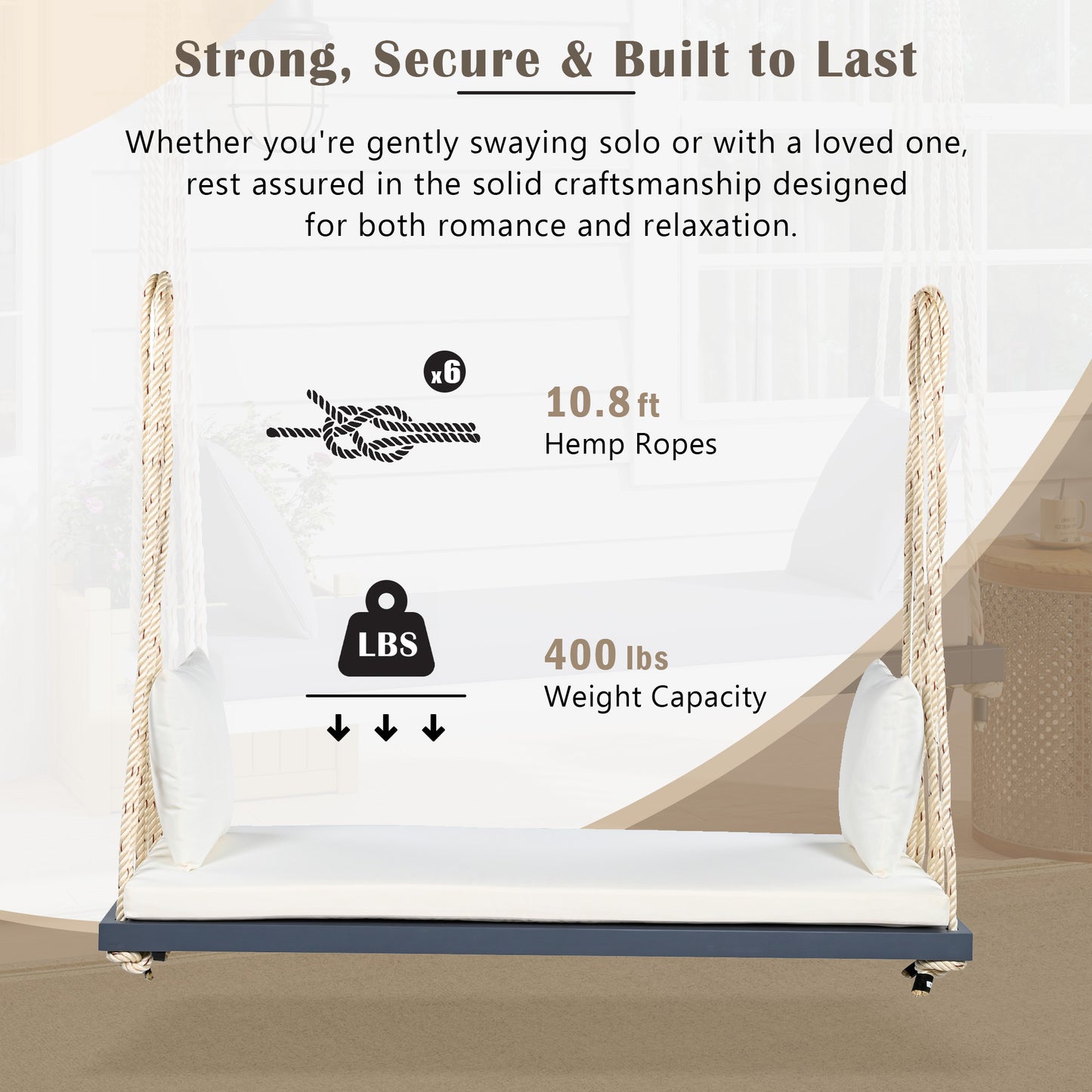 TOPMAX Patio Wooden Swing Chair, Hanging Porch Swing Bench with Cushion&Pillows, 10.8Ft Hemp Ropes for Garden,Backyard, Lawn,Gray