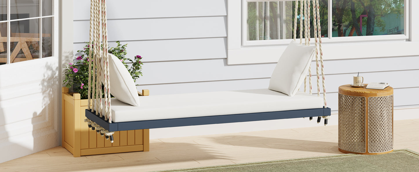 TOPMAX Patio Wooden Swing Chair, Hanging Porch Swing Bench with Cushion&Pillows, 10.8Ft Hemp Ropes for Garden,Backyard, Lawn,Gray