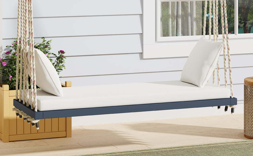 TOPMAX Patio Wooden Swing Chair, Hanging Porch Swing Bench with Cushion&Pillows, 10.8Ft Hemp Ropes for Garden,Backyard, Lawn,Gray