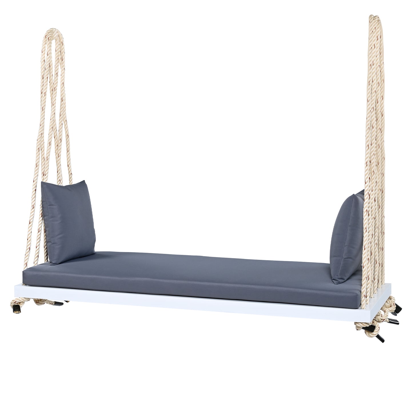 TOPMAX Patio Wooden Swing Chair, Hanging Porch Swing Bench with Cushion&Pillows, 10.8Ft Hemp Ropes for Garden,Backyard, Lawn,White