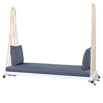 TOPMAX Patio Wooden Swing Chair, Hanging Porch Swing Bench with Cushion&Pillows, 10.8Ft Hemp Ropes for Garden,Backyard, Lawn,White