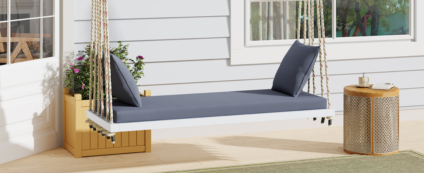 TOPMAX Patio Wooden Swing Chair, Hanging Porch Swing Bench with Cushion&Pillows, 10.8Ft Hemp Ropes for Garden,Backyard, Lawn,White