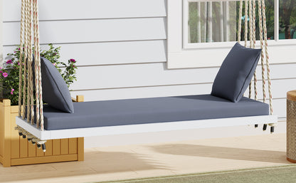 TOPMAX Patio Wooden Swing Chair, Hanging Porch Swing Bench with Cushion&Pillows, 10.8Ft Hemp Ropes for Garden,Backyard, Lawn,White