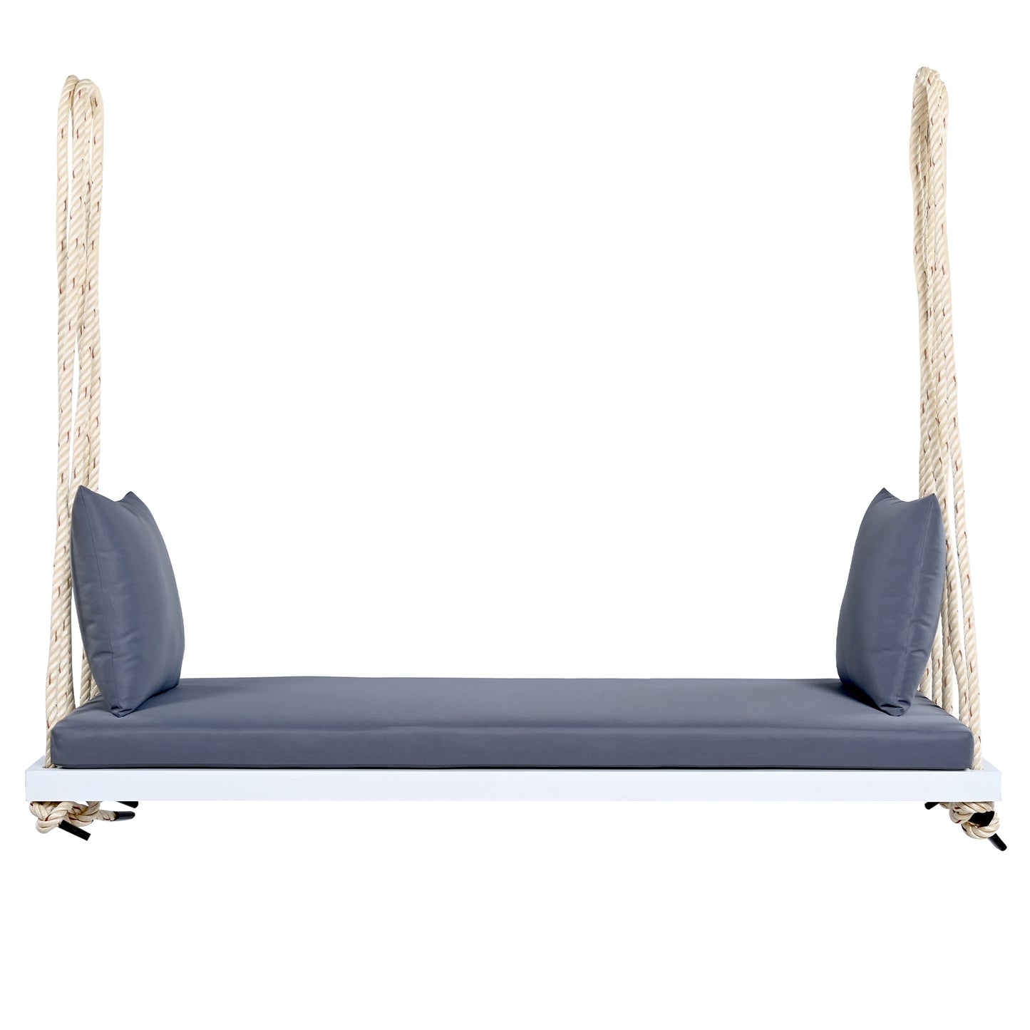 TOPMAX Patio Wooden Swing Chair, Hanging Porch Swing Bench with Cushion&Pillows, 10.8Ft Hemp Ropes for Garden,Backyard, Lawn,White