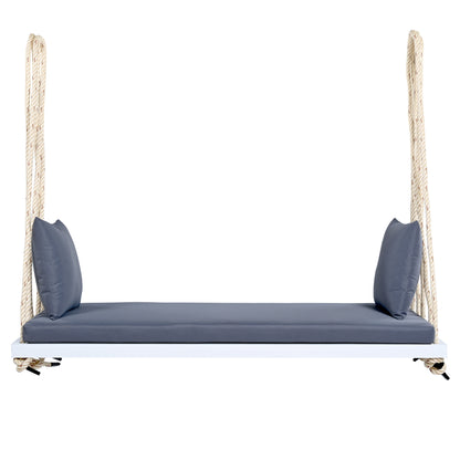 TOPMAX Patio Wooden Swing Chair, Hanging Porch Swing Bench with Cushion&Pillows, 10.8Ft Hemp Ropes for Garden,Backyard, Lawn,White