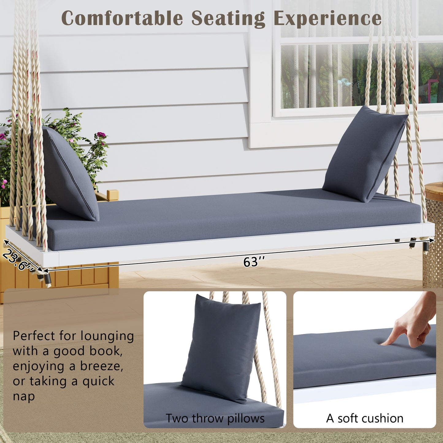 TOPMAX Patio Wooden Swing Chair, Hanging Porch Swing Bench with Cushion&Pillows, 10.8Ft Hemp Ropes for Garden,Backyard, Lawn,White