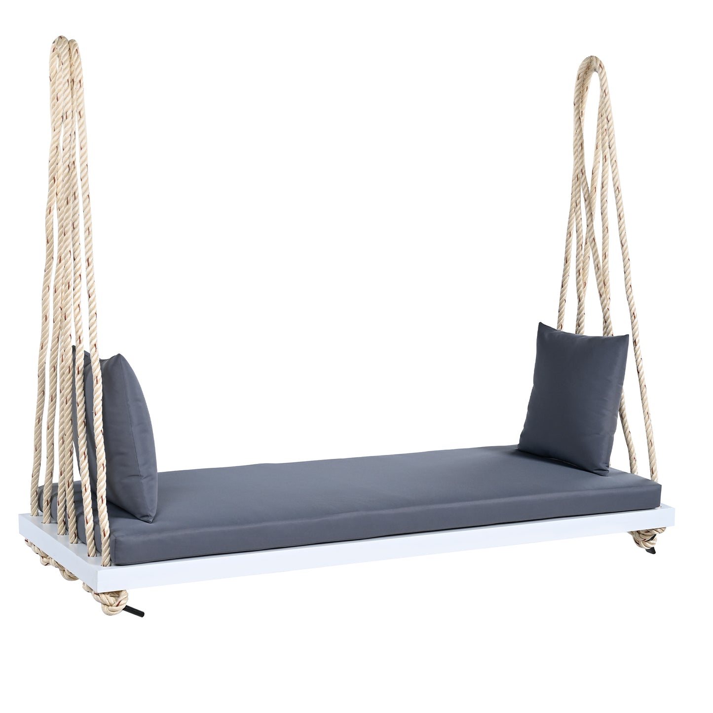 TOPMAX Patio Wooden Swing Chair, Hanging Porch Swing Bench with Cushion&Pillows, 10.8Ft Hemp Ropes for Garden,Backyard, Lawn,White