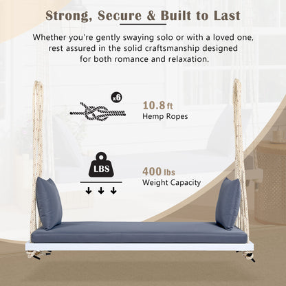 TOPMAX Patio Wooden Swing Chair, Hanging Porch Swing Bench with Cushion&Pillows, 10.8Ft Hemp Ropes for Garden,Backyard, Lawn,White