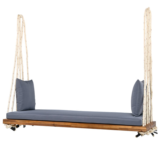TOPMAX Patio Wooden Swing Chair, Hanging Porch Swing Bench with Cushion&Pillows, 10.8Ft Hemp Ropes for Garden,Backyard, Lawn,Natural