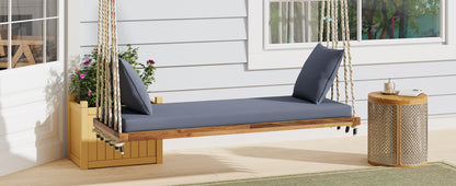 TOPMAX Patio Wooden Swing Chair, Hanging Porch Swing Bench with Cushion&Pillows, 10.8Ft Hemp Ropes for Garden,Backyard, Lawn,Natural