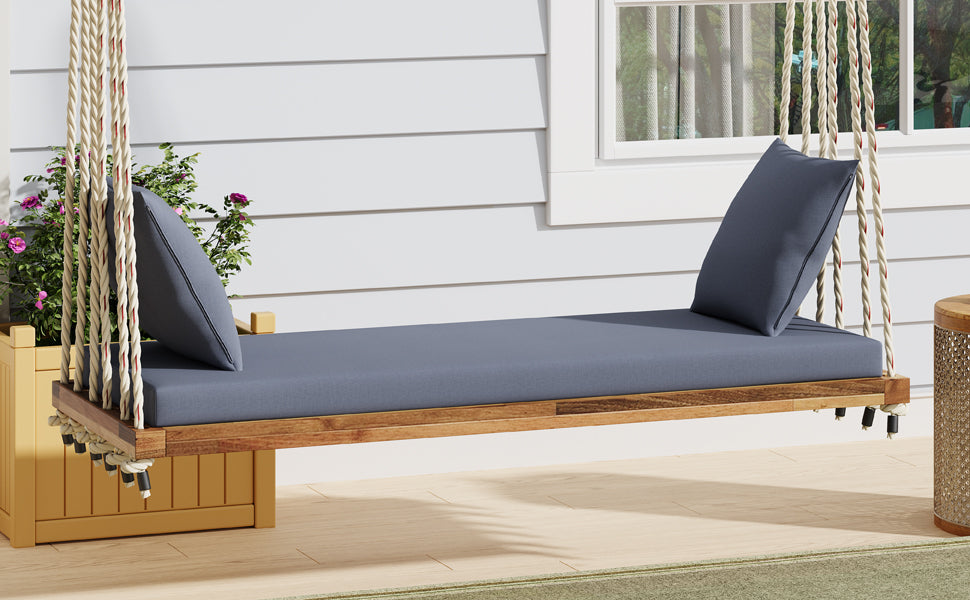 TOPMAX Patio Wooden Swing Chair, Hanging Porch Swing Bench with Cushion&Pillows, 10.8Ft Hemp Ropes for Garden,Backyard, Lawn,Natural