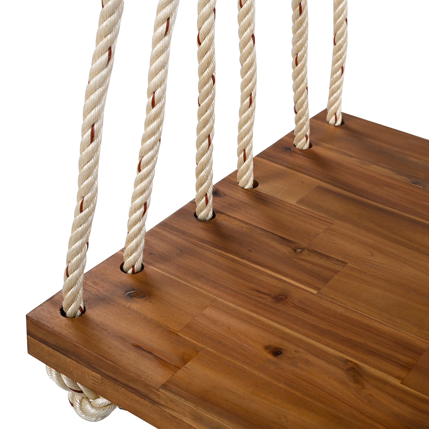 TOPMAX Patio Wooden Swing Chair, Hanging Porch Swing Bench with Cushion&Pillows, 10.8Ft Hemp Ropes for Garden,Backyard, Lawn,Natural