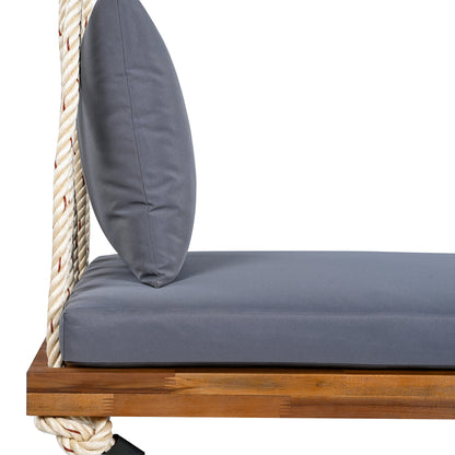TOPMAX Patio Wooden Swing Chair, Hanging Porch Swing Bench with Cushion&Pillows, 10.8Ft Hemp Ropes for Garden,Backyard, Lawn,Natural