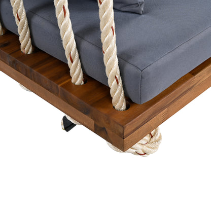 TOPMAX Patio Wooden Swing Chair, Hanging Porch Swing Bench with Cushion&Pillows, 10.8Ft Hemp Ropes for Garden,Backyard, Lawn,Natural