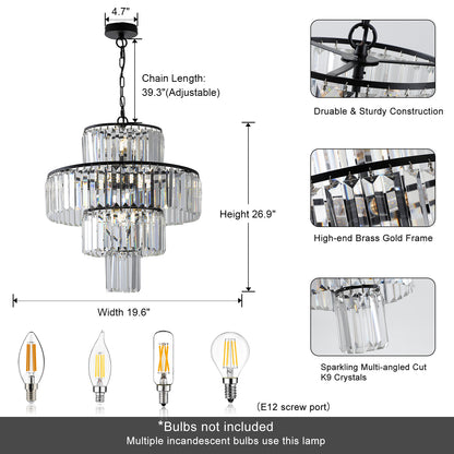 20" Modern Crystal Chandelier with Black Finish, 4-Tier Design for Dining Room or Living Room, Elegant Crystal Pendant Light Fixture (Bulb Not Included)