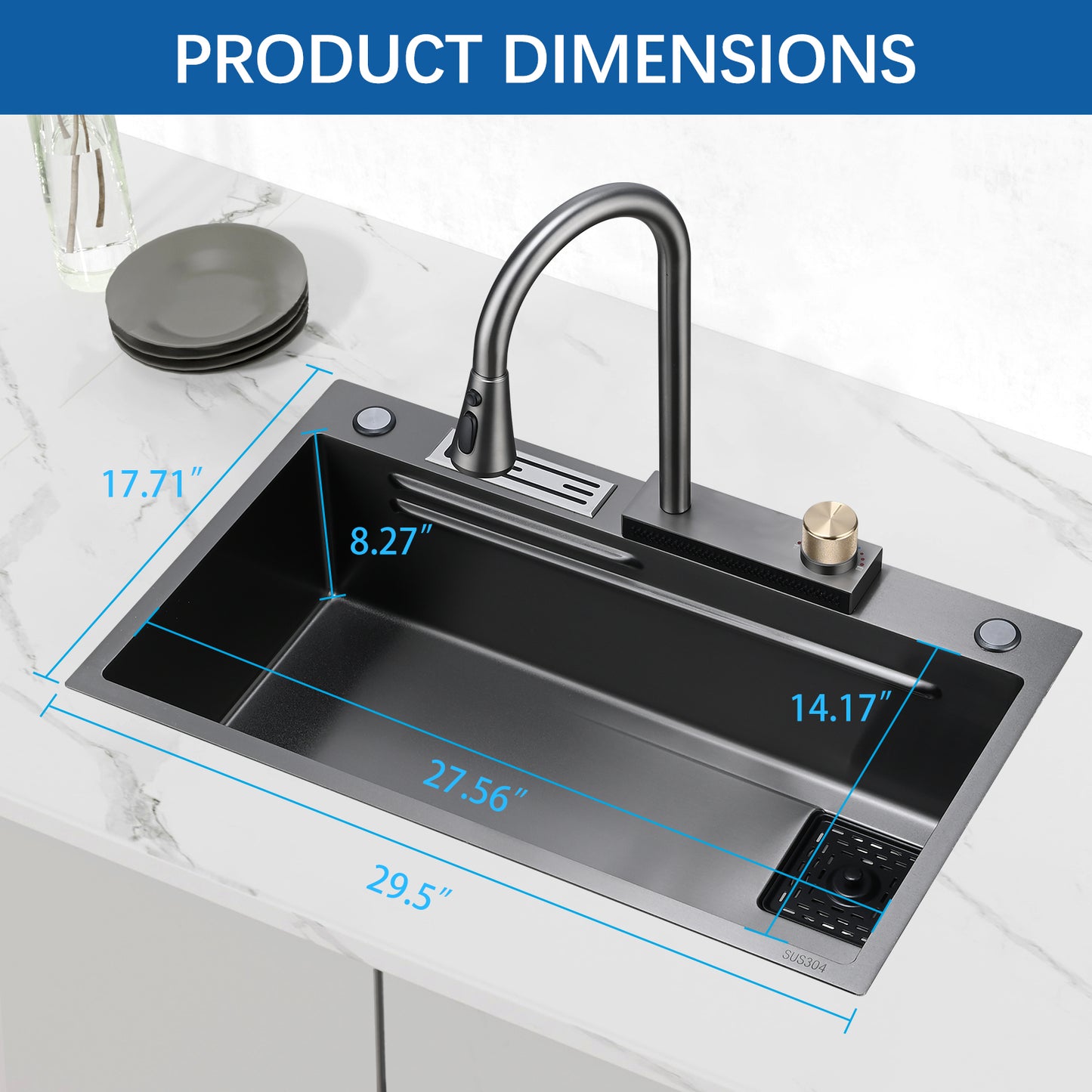Kitchen Sink Flying rain Waterfall Kitchen Sink Set 30"x 18" 304 Stainless Steel Sink with Pull Down Faucet, and Accessories