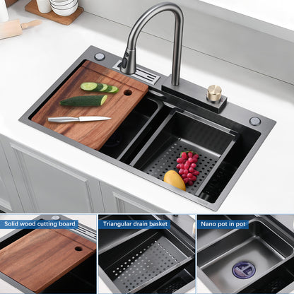 Kitchen Sink Flying rain Waterfall Kitchen Sink Set 30"x 18" 304 Stainless Steel Sink with Pull Down Faucet, and Accessories