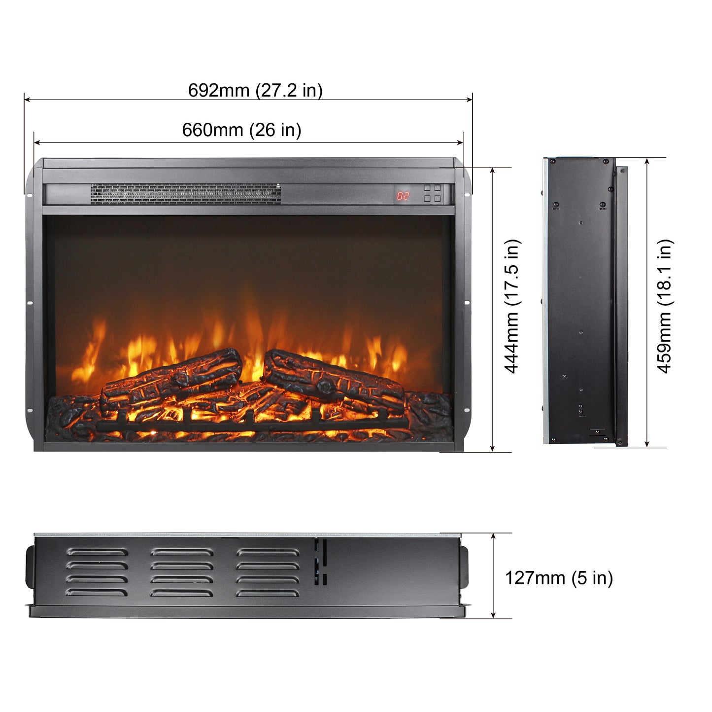 26 inch electric fireplace insert, ultra thin heater with log set & realistic flame, remote control with timer, overheating protection