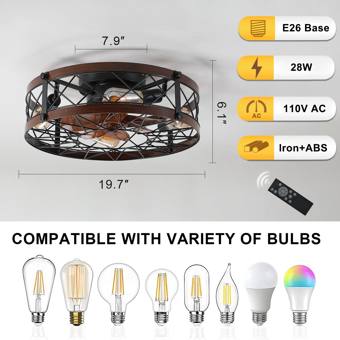 Caged Ceiling Fans with Lights Black, 20 inch Flush Mount Ceiling Fan Light, Farmhouse Small Ceiling Fan with Light Fixture, Reversible Fan for Bedroom(E26 Bulbs Included)