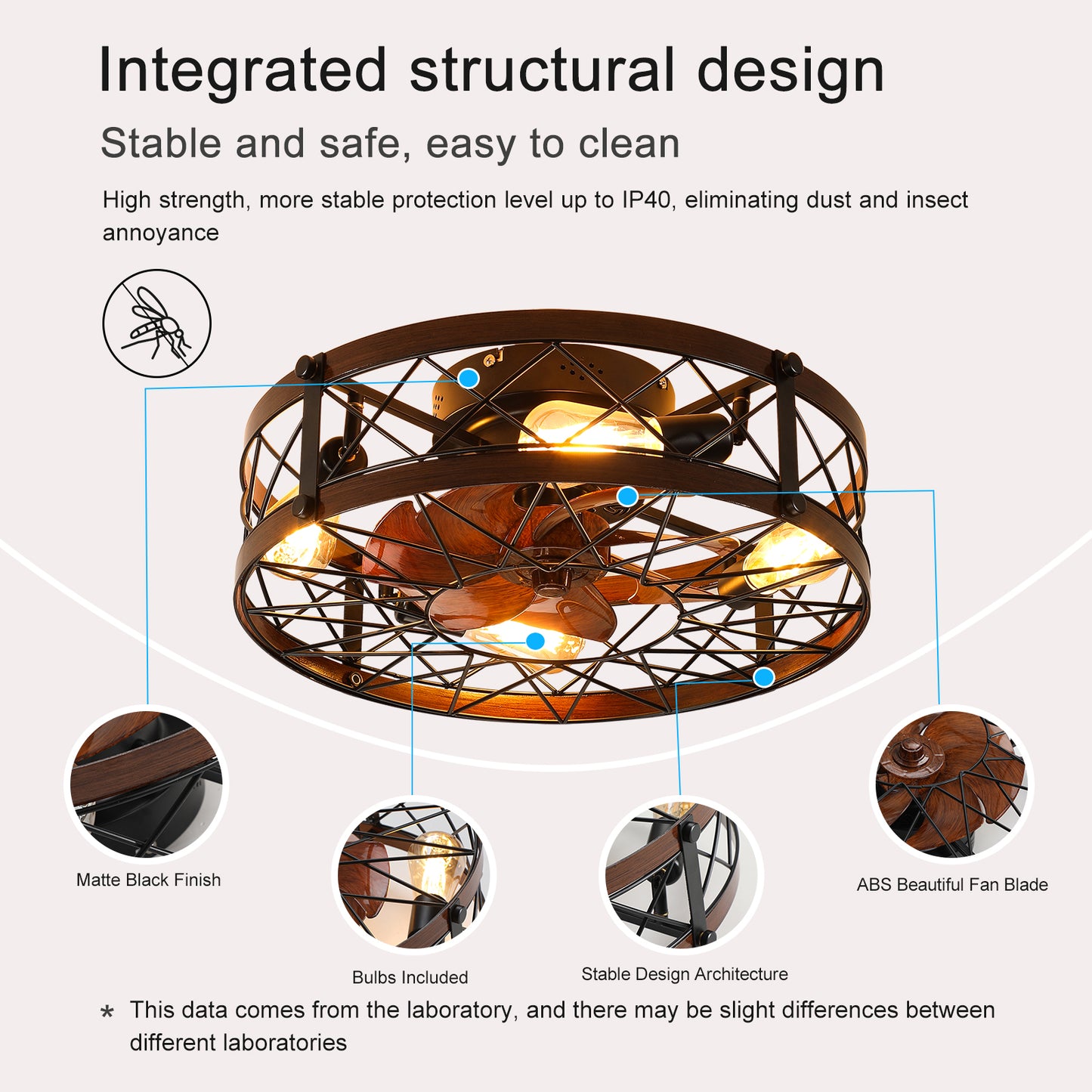 Caged Ceiling Fans with Lights Black, 20 inch Flush Mount Ceiling Fan Light, Farmhouse Small Ceiling Fan with Light Fixture, Reversible Fan for Bedroom(E26 Bulbs Included)