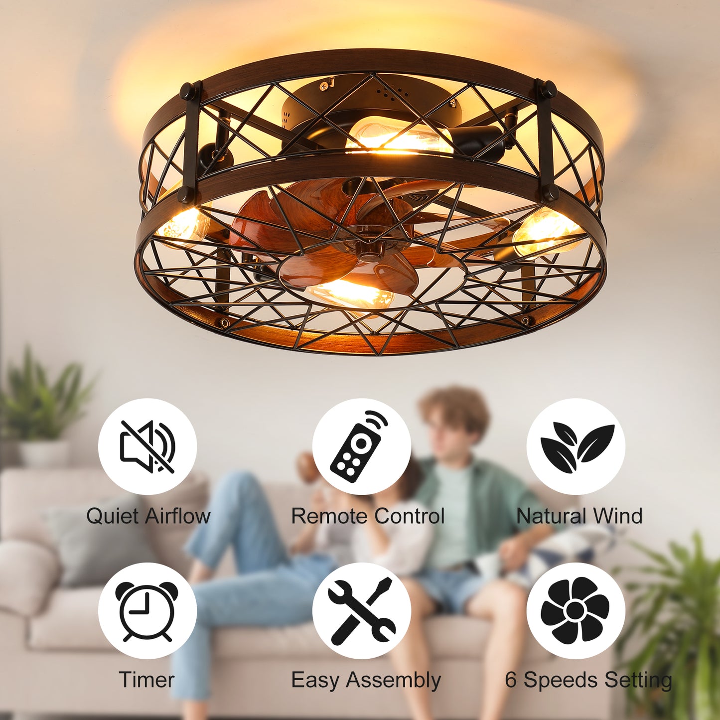 Caged Ceiling Fans with Lights Black, 20 inch Flush Mount Ceiling Fan Light, Farmhouse Small Ceiling Fan with Light Fixture, Reversible Fan for Bedroom(E26 Bulbs Included)