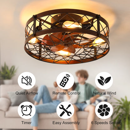 Caged Ceiling Fans with Lights Black, 20 inch Flush Mount Ceiling Fan Light, Farmhouse Small Ceiling Fan with Light Fixture, Reversible Fan for Bedroom(E26 Bulbs Included)