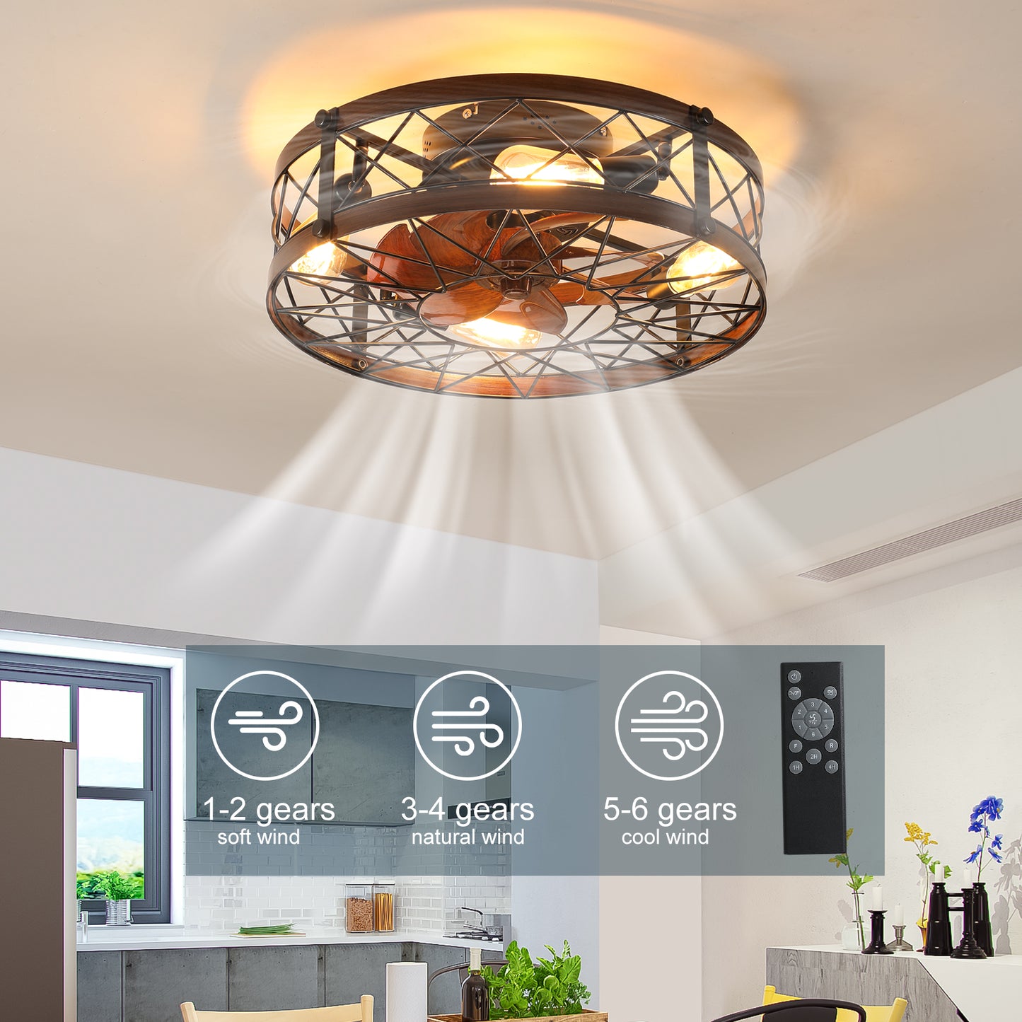 Caged Ceiling Fans with Lights Black, 20 inch Flush Mount Ceiling Fan Light, Farmhouse Small Ceiling Fan with Light Fixture, Reversible Fan for Bedroom(E26 Bulbs Included)