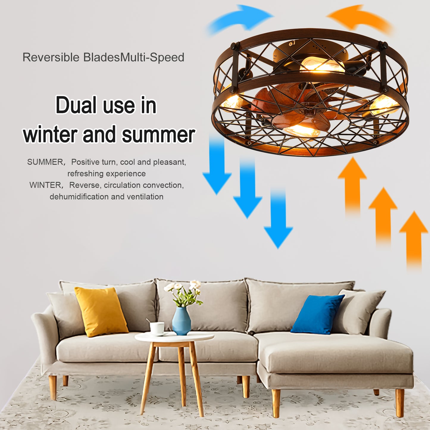 Caged Ceiling Fans with Lights Black, 20 inch Flush Mount Ceiling Fan Light, Farmhouse Small Ceiling Fan with Light Fixture, Reversible Fan for Bedroom(E26 Bulbs Included)
