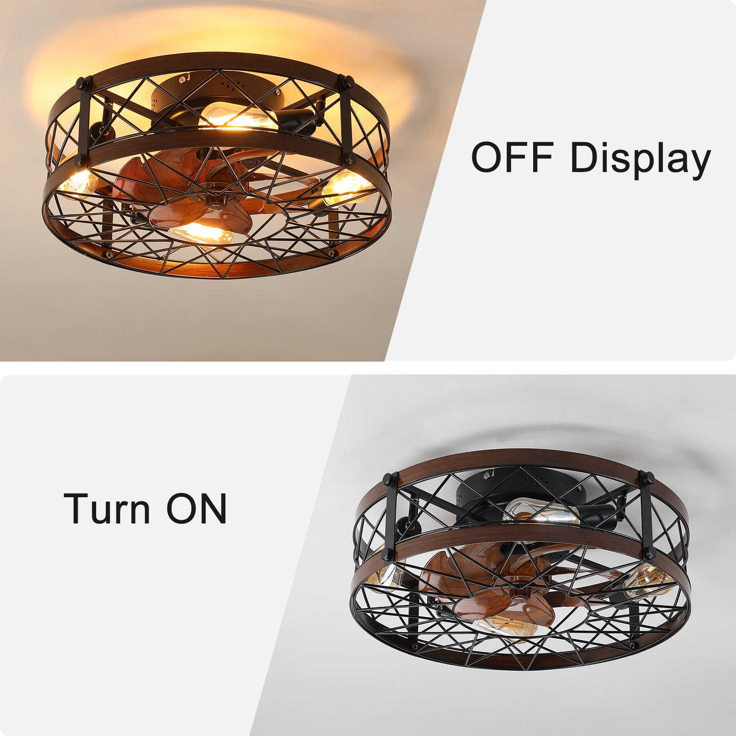 Caged Ceiling Fans with Lights Black, 20 inch Flush Mount Ceiling Fan Light, Farmhouse Small Ceiling Fan with Light Fixture, Reversible Fan for Bedroom(E26 Bulbs Included)