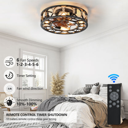 Caged Ceiling Fan with Lights Remote Control, Low Profile Flush Mount Farmhouse Modern Ceiling fans, 6 Speeds Reversible Blades, 5 LED Bulbs Include(Black)