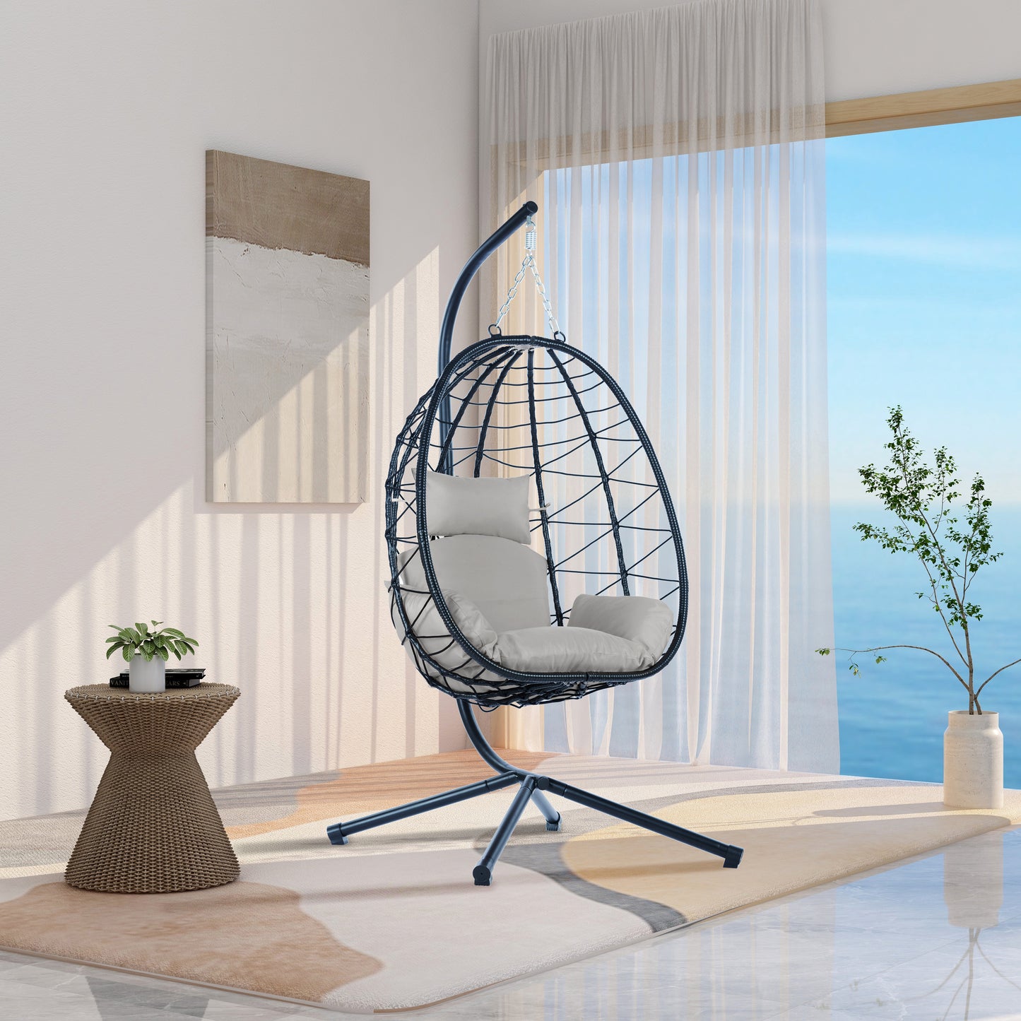 Egg Chair with Stand Indoor Outdoor Swing Chair Patio Wicker Hanging Egg Chair Hanging Basket Chair Hammock Chair with Stand for Bedroom Living Room Balcony