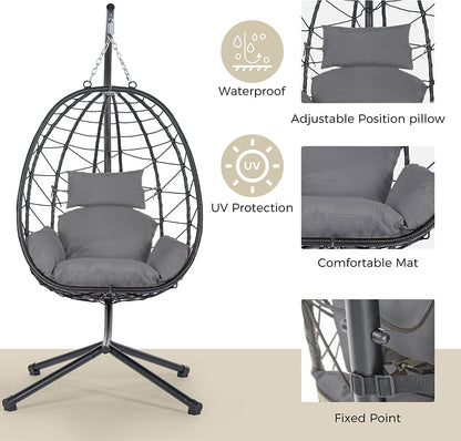 Egg Chair with Stand Indoor Outdoor Swing Chair Patio Wicker Hanging Egg Chair Hanging Basket Chair Hammock Chair with Stand for Bedroom Living Room Balcony