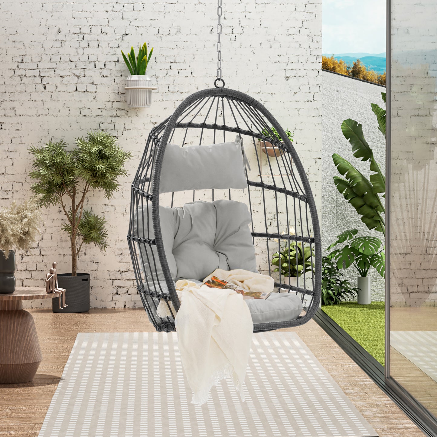 Outdoor Garden Rattan Egg Swing Chair Hanging Chair Wood