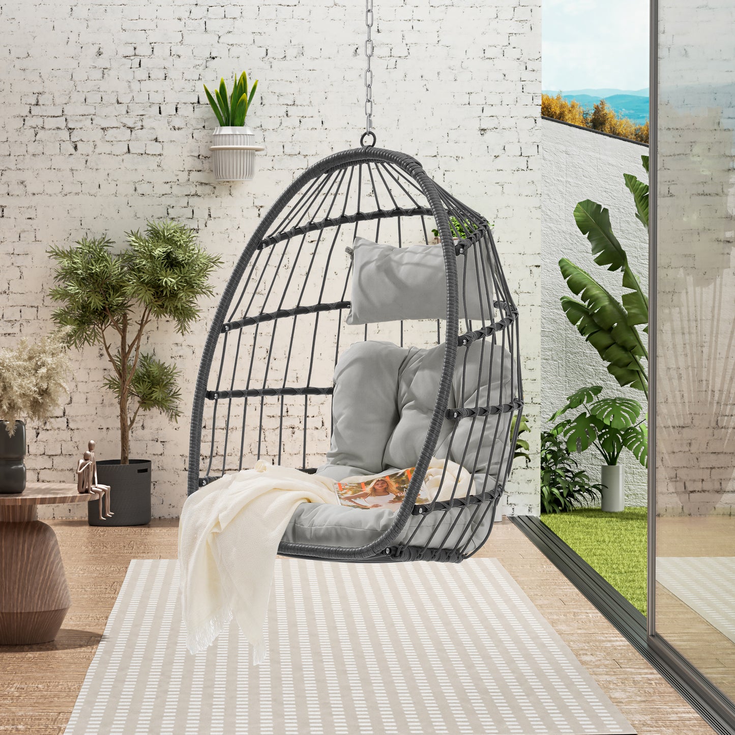 Outdoor Garden Rattan Egg Swing Chair Hanging Chair Wood