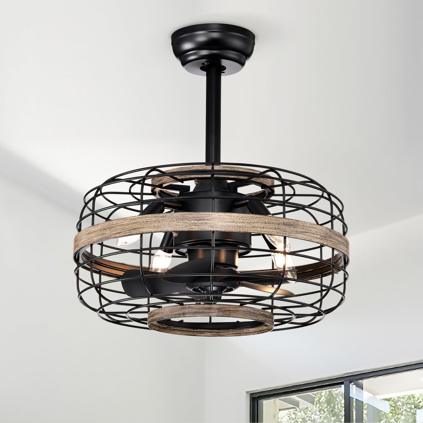 18'' Farmhouse Ceiling Fans Light - Caged Ceiling Fan with Remote Control (3-Speeds Adjustable), Wood Rustic Enclosed Reversible Ceiling Fans for Bedroom , Living Room, Kitchen.